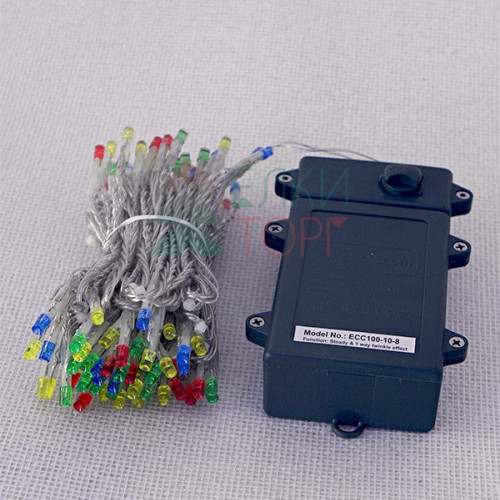 Светодиодная бахрома 3*0.5 м., 3 батарейки типа D 4.5V, 100 разноцветных LED ламп , прозрачный силикон, LTC (ECC100-10-8M)