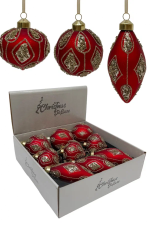 Набор стеклянных украшений Роскошь 80 мм., 9 шт., шар, капля, луковка, красный, Christmas DeLuxe (13050)