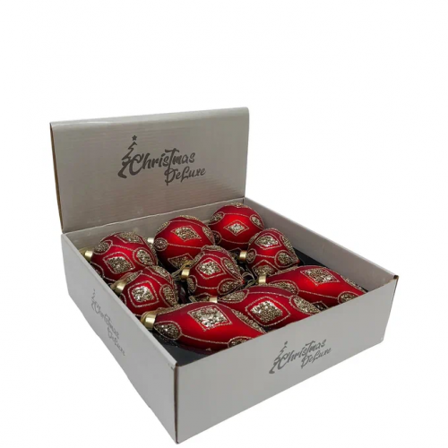 Набор стеклянных украшений Роскошь 80 мм., 9 шт., шар, капля, луковка, красный, Christmas DeLuxe (13050)