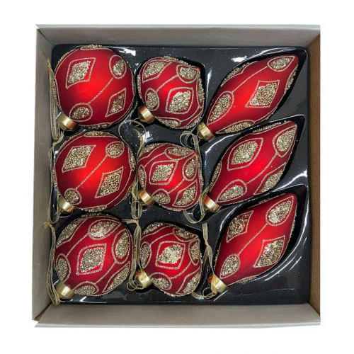 Набор стеклянных украшений Роскошь 80 мм., 9 шт., шар, капля, луковка, красный, Christmas DeLuxe (13050)