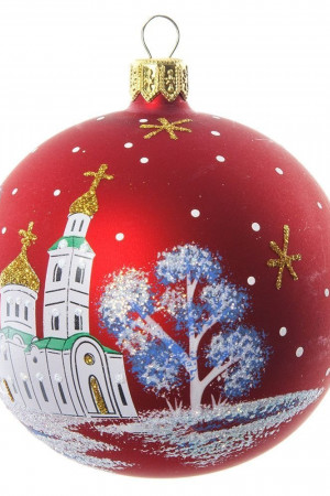 Стеклянный шар Просторы 85 мм., красный, Ёлочка (С1075/1)