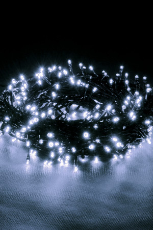 Светодиодная нить 100 холодных белых LED ламп, 10 м., 220В, 8 режимов, зеленый провод, Vegas (55063)