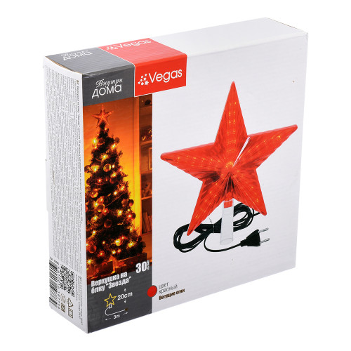 Светодиодная макушка Звезда красная, 30 LED ламп, 20*20 см., 220В, зеленый провод, Vegas (55086)