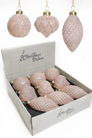 Набор стеклянных украшений Королевский каприз 80 мм., 9 шт., шар, капля, луковка, розовый, Christmas DeLuxe (13030)
