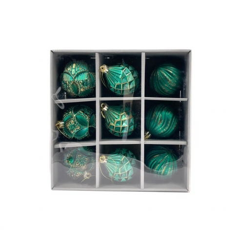  Набор пластиковых шаров Рандеву 80 мм., 9 шт., зеленый с золотом, Christmas DeLuxe (87801)