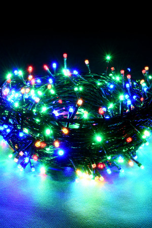 Светодиодная нить 200 разноцветных LED ламп, 20 м., 220В, 8 режимов, зеленый провод, Vegas (55067)