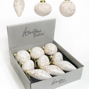 Набор стеклянных украшений Рождественский 80 мм., 9 шт., шар, капля, луковка, белый с кракелюром, Christmas DeLuxe (13049)