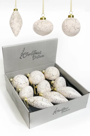 Набор стеклянных украшений Рождественский 80 мм., 9 шт., шар, капля, луковка, белый с кракелюром, Christmas DeLuxe (13049)