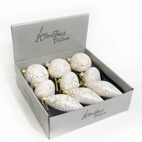 Набор стеклянных украшений Рождественский 80 мм., 9 шт., шар, капля, луковка, белый с кракелюром, Christmas DeLuxe (13049)