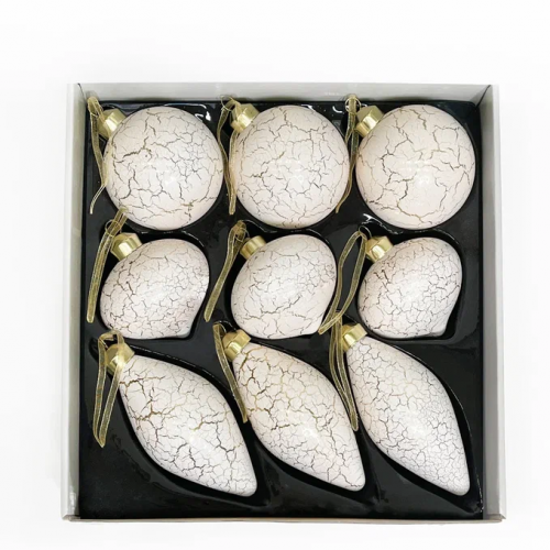 Набор стеклянных украшений Рождественский 80 мм., 9 шт., шар, капля, луковка, белый с кракелюром, Christmas DeLuxe (13049)