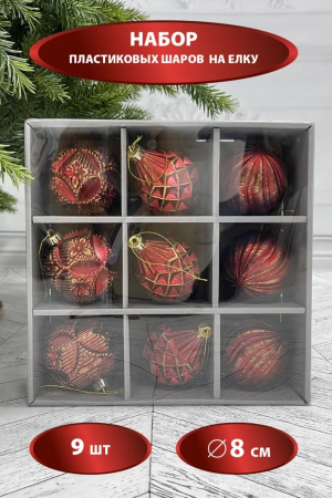 Набор пластиковых шаров Рандеву 80 мм., 9 шт., красный с золотом, Christmas DeLuxe (87799)