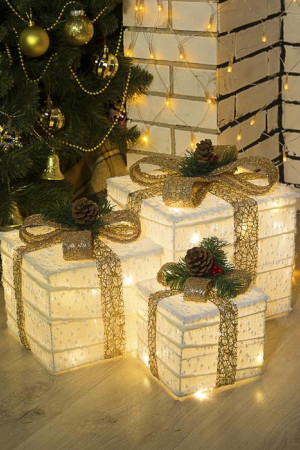 Светодиодные Подарки с бежевой лентой 15, 20, 25 см., 220 В, теплые LED, Luazon Lighting (4357001)