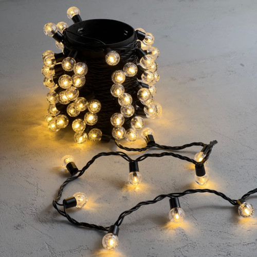Светодиодная гирлянда шарики Пузырьки 10 м., 220V., 100 теплых белых LED ламп 23 мм., коннектор, черный ПВХ, LTC (PCS-100B-WW)