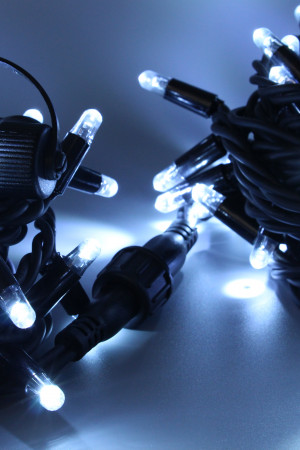 Светодиодная нить 100 холодных белых LED ламп, 10 м., 220В, статика, черный резиновый провод, Teamprof (TPF-S10C-220V-RB/W)