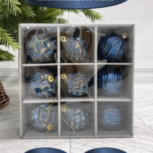  Набор пластиковых шаров Рандеву 80 мм., 9 шт., синий с золотом, Christmas DeLuxe (87800)