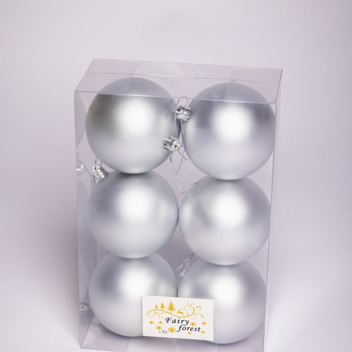 Набор пластиковых шаров Анет 80 мм., серебро матовый, 6 шт., ЕлкиТорг (150302)