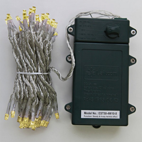 Светодиодная гирлянда 10 м., 3 батарейки типа D 4.5V, 100 LED ламп цвета шампань, таймер, прозрачный провод, LTC (EST100-4W10-8CH)