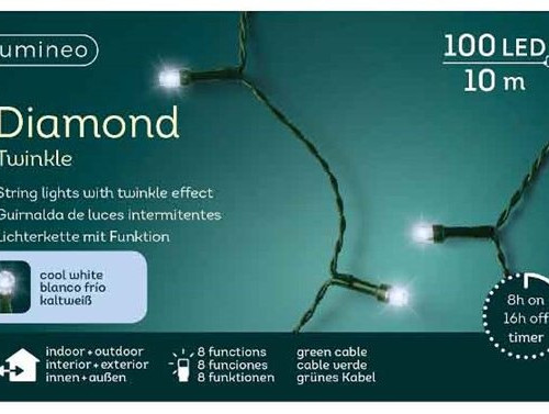 Светодиодная гирлянда с контроллером Алмазная россыпь 9.9 м., 220 V, 100 холодных белых LED ламп, зеленый ПВХ провод, Kaemingk (490501)