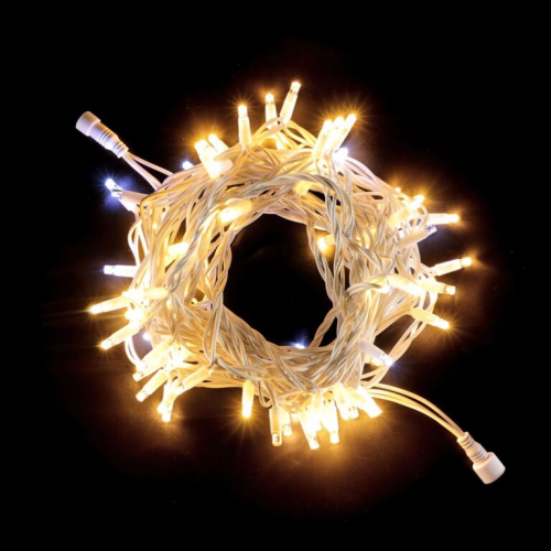 Гирлянда Нить 10м Тепло-Белая с Мерцанием Белого Диода 220В, 75 LED, Провод Белый Каучук, IP65, LTC (LL75BLW-8-2WW) 