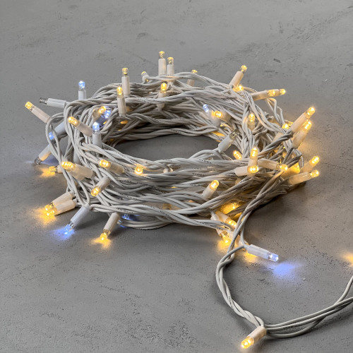 Гирлянда Нить 10м Тепло-Белая с Мерцанием Белого Диода 220В, 75 LED, Провод Белый Каучук, IP65, LTC (LL75BLW-8-2WW) 