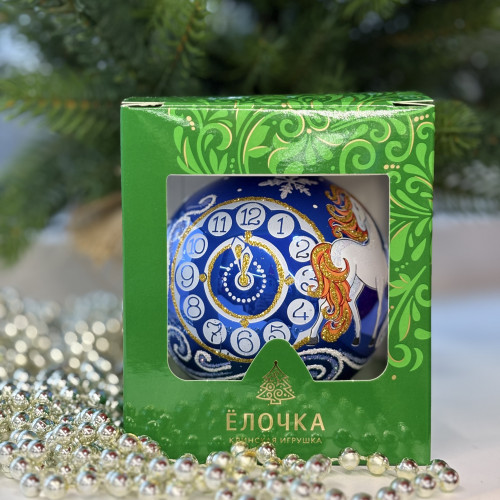 Стеклянный шар Снежная Лошадка 95 мм., синий, стекло, Ёлочка (С475/3)