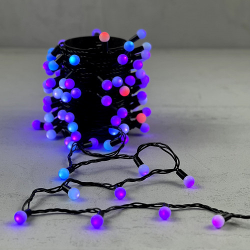 Светодиодная гирлянда шарики Fiesta, 10 м., 100 RGB LED ламп 18 мм, черный ПВХ, Beauty Led (MB100-1-2RGB)