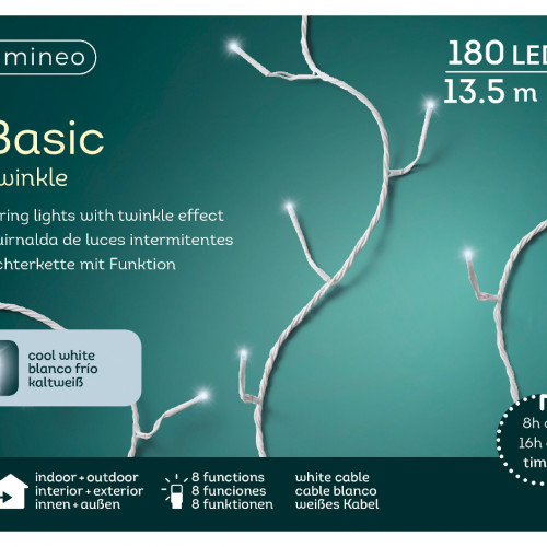 Светодиодная гирлянда с контроллером 13.5 м, 220V., 180 белые и холодных белых LED ламп, белый ПВХ, Kaemingk (494124)