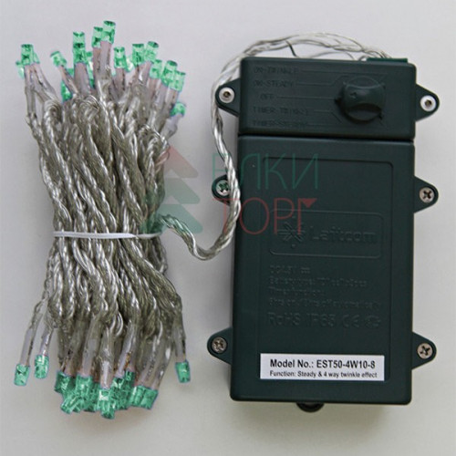 Светодиодная гирлянда 5 м., 3 батарейки типа D 4.5V, 50 LED ламп цвета аква, таймер, прозрачный провод, LTC (EST50-4W10-8A)