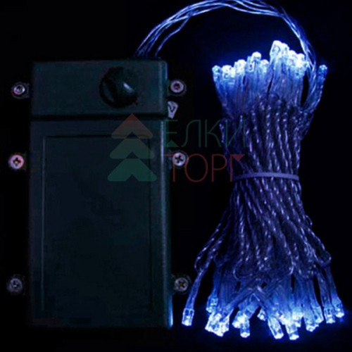 Светодиодная гирлянда 5 м., 3 батарейки типа D 4.5V, 50 LED ламп синего цвета, таймер, прозрачный провод, LTC (EST50-4W10-8B)