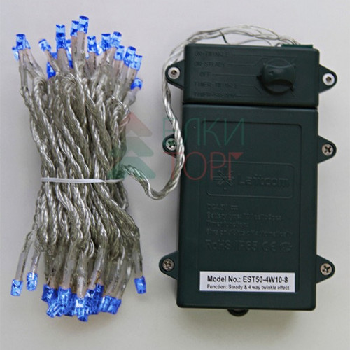Светодиодная гирлянда 5 м., 3 батарейки типа D 4.5V, 50 LED ламп синего цвета, таймер, прозрачный провод, LTC (EST50-4W10-8B)
