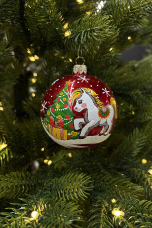 Стеклянный шар Лошадка 90 мм., красный, стекло, Ёлочка (С206/3)