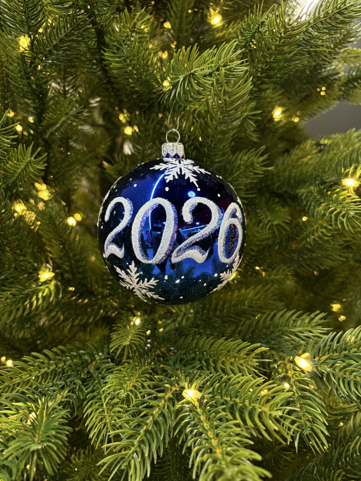 Стеклянный шар 2026 год 95 мм., синий, стекло, Ёлочка (С309/1) Стеклянный шар 2026 год 95 мм., синий, стекло, Ёлочка (С309/1)