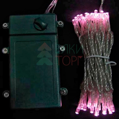 Светодиодная гирлянда 5 м., 3 батарейки типа D 4.5V, 50 LED ламп светло розового цвета, таймер, прозрачный провод, LTC (EST50-4W10-8BP)