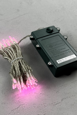 Светодиодная гирлянда 5 м., 3 батарейки типа D 4.5V, 50 LED ламп светло розового цвета, таймер, прозрачный провод, LTC (EST50-4W10-8BP)