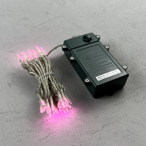 Светодиодная гирлянда 5 м., 3 батарейки типа D 4.5V, 50 LED ламп светло розового цвета, таймер, прозрачный провод, LTC (EST50-4W10-8BP)
