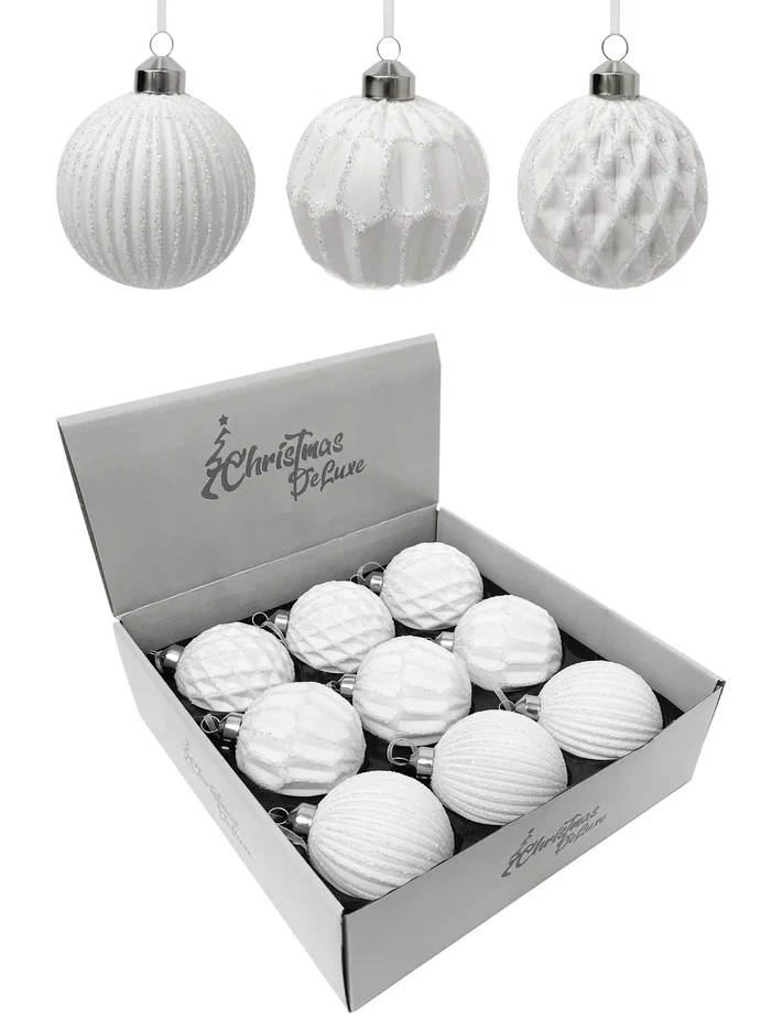 Набор винтажных стеклянных шаров Белый танец 80 мм., белый, 9 шт., Christmas DeLuxe (13038)