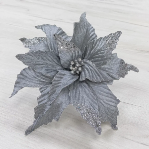 Декоративный цветок Пуансеттия 28 см., серебро, на клипсе, Christmas DeLuxe (83425-87299)