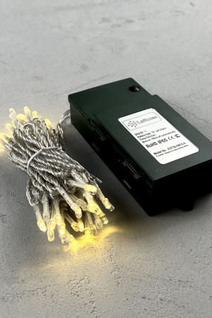Светодиодная гирлянда 5 м., 3 батарейки типа D 4.5V, 50 LED ламп цвета шампань, таймер, прозрачный провод, LTC (EST50-4W10-8CH)