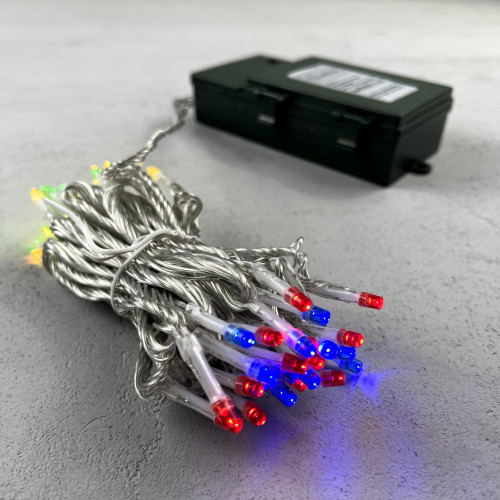 Светодиодная гирлянда 5 м., 3 батарейки типа D 4.5V, 50 разноцветных LED ламп, таймер, прозрачный провод, LTC (EST50-4W10-8M)