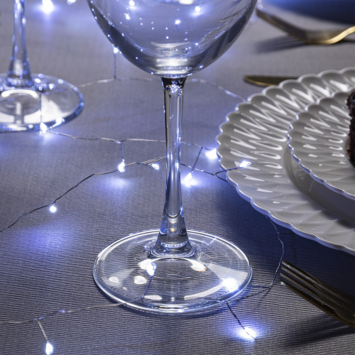 Гирлянда нить-роса 5 м., IP20, серебристая нить, 100 холодных белых LED, 2 режима, AAх3, Luazon Lighting (5198381)