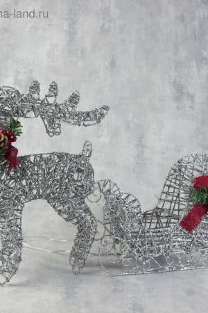 Светодиодная фигура Олень с санями серебристый, олень 40×50×16 см., сани 40×25×10 см., металл, 220 В,  Luazon Lighting (3662055)