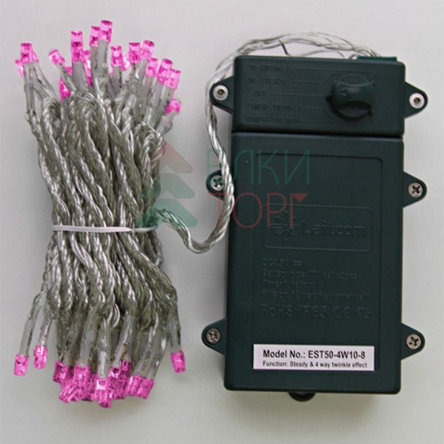 Светодиодная гирлянда 5 м., 3 батарейки типа D 4.5V, 50 LED ламп розового цвета, таймер, прозрачный провод, LTC (EST50-4W10-8P)