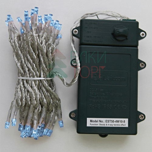 Светодиодная гирлянда 5 м., 3 батарейки типа D 4.5V, 50 LED ламп небесно голубого цвета, таймер, прозрачный провод, LTC (EST50-4W10-8SB)