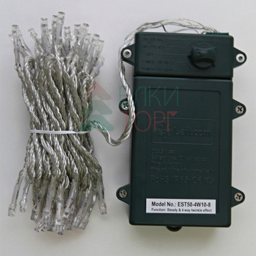 Светодиодная гирлянда 5 м., 3 батарейки типа D 4.5V, 50 LED ламп холодного белого цвета, таймер, прозрачный провод, LTC (EST50-4W10-8W)