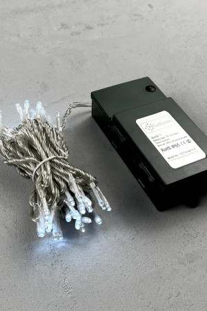 Светодиодная гирлянда 5 м., 3 батарейки типа D 4.5V, 50 LED ламп холодного белого цвета, таймер, прозрачный провод, LTC (EST50-4W10-8W)