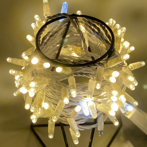 Светодиодная нить 100 теплых белых LED ламп, 10 м., 24В, мерцание, белый провод ПВХ, Teamprof (TPF-S10CF-24V-CW/WW)