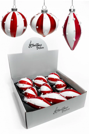 Набор стеклянных украшений Белуччи 80 мм., красный с белым, 9 шт., Christmas DeLuxe (13080)