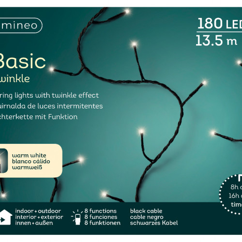 Светодиодная гирлянда с контроллером 13.5 м, 220V., 180 теплых белых LED ламп, черный ПВХ, Kaemingk (494165)