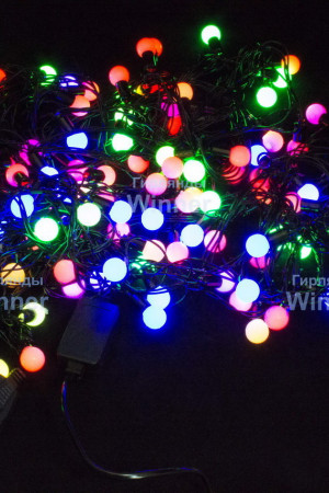 Светодиодная нить шарики 11 м., 220V, 100 разноцветных LED ламп, диаметр шарика 1.2 см, черный силикон, Winner (m.01.5B.100+1,2ball)