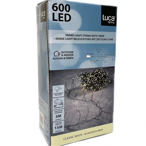 Гирлянда Капли 600 белых микро ламп, 1500 см., 8 функций, таймер, зеленый провод, Luca (84638)